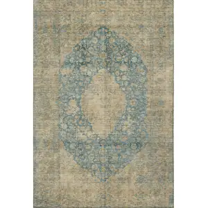 Photo of Blue Beige And Taupe Medallion Washable Area Rug With UV Protection