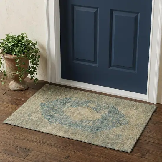 Blue Beige And Taupe Medallion Washable Area Rug With UV Protection Photo 1