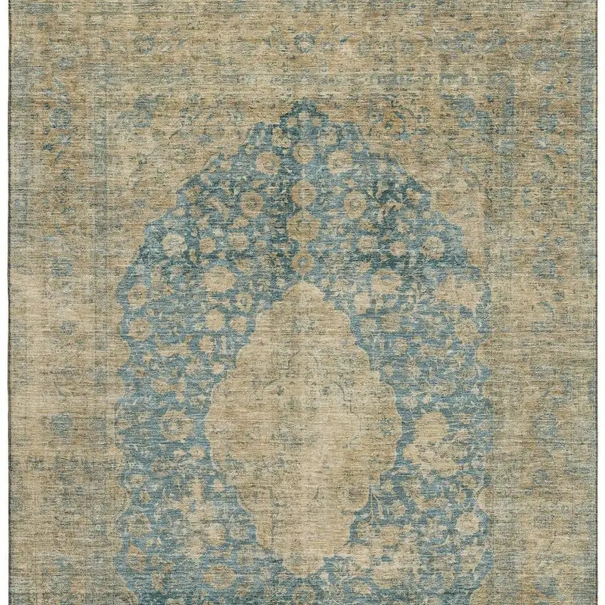 Blue Beige And Taupe Medallion Washable Area Rug With UV Protection Photo 2