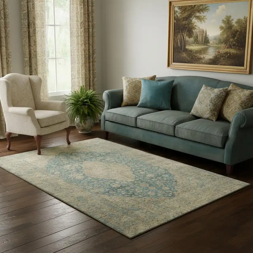 Blue Beige And Taupe Medallion Washable Area Rug With UV Protection Photo 2