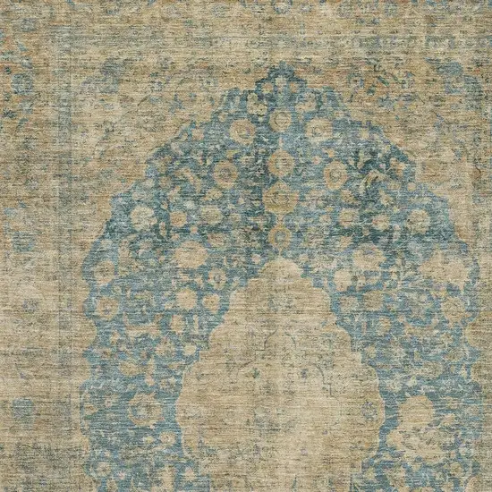 Blue Beige And Taupe Medallion Washable Area Rug With UV Protection Photo 2