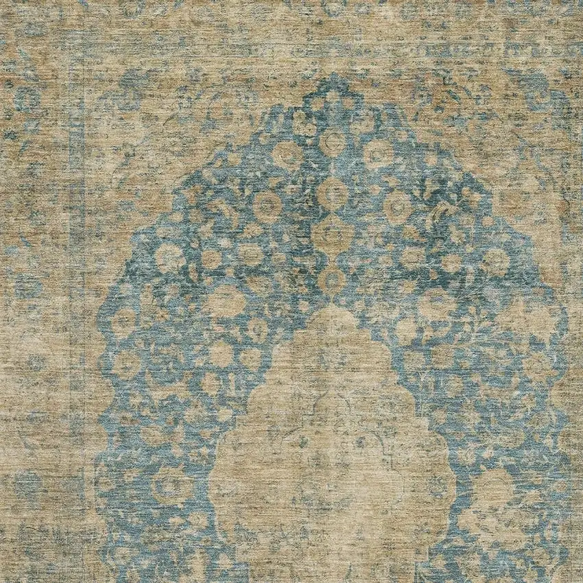 Blue Beige And Taupe Medallion Washable Area Rug With UV Protection Photo 2