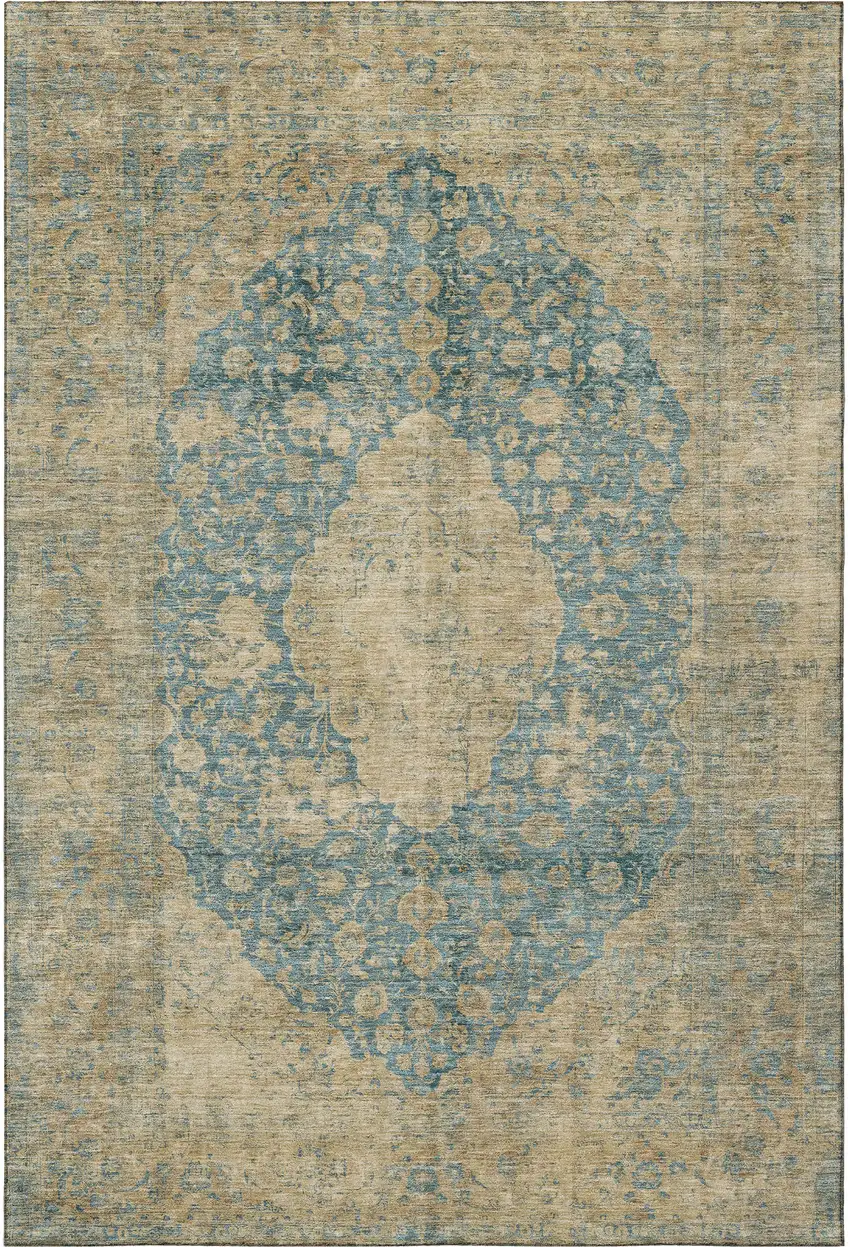 Blue Beige And Taupe Medallion Washable Area Rug With UV Protection Photo 3