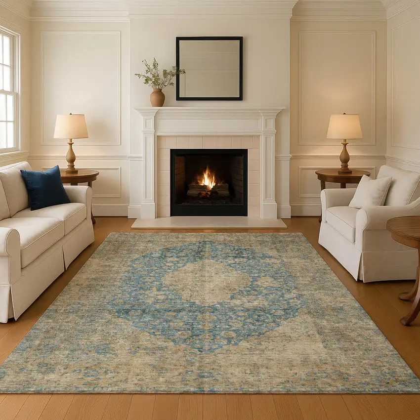 Blue Beige And Taupe Medallion Washable Area Rug With UV Protection Photo 4