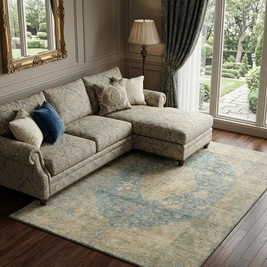Blue Beige And Taupe Medallion Washable Area Rug With UV Protection Photo 1