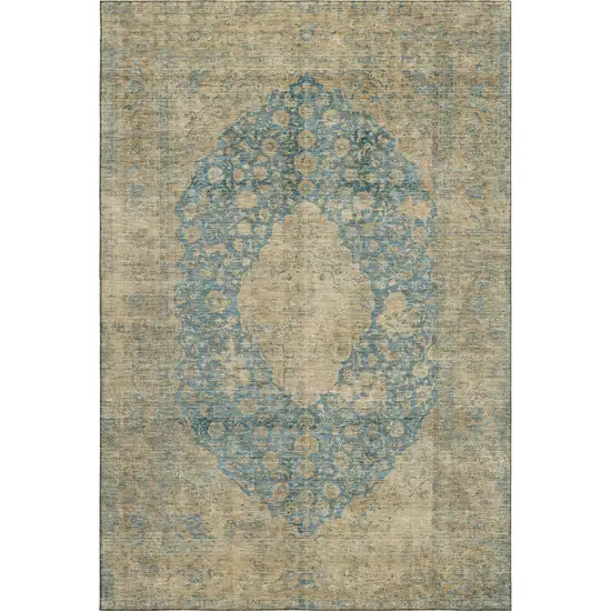 Blue Beige And Taupe Medallion Washable Area Rug With UV Protection Photo 1