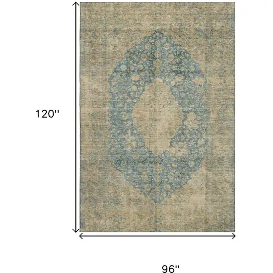Blue Beige And Taupe Medallion Washable Area Rug With UV Protection Photo 8