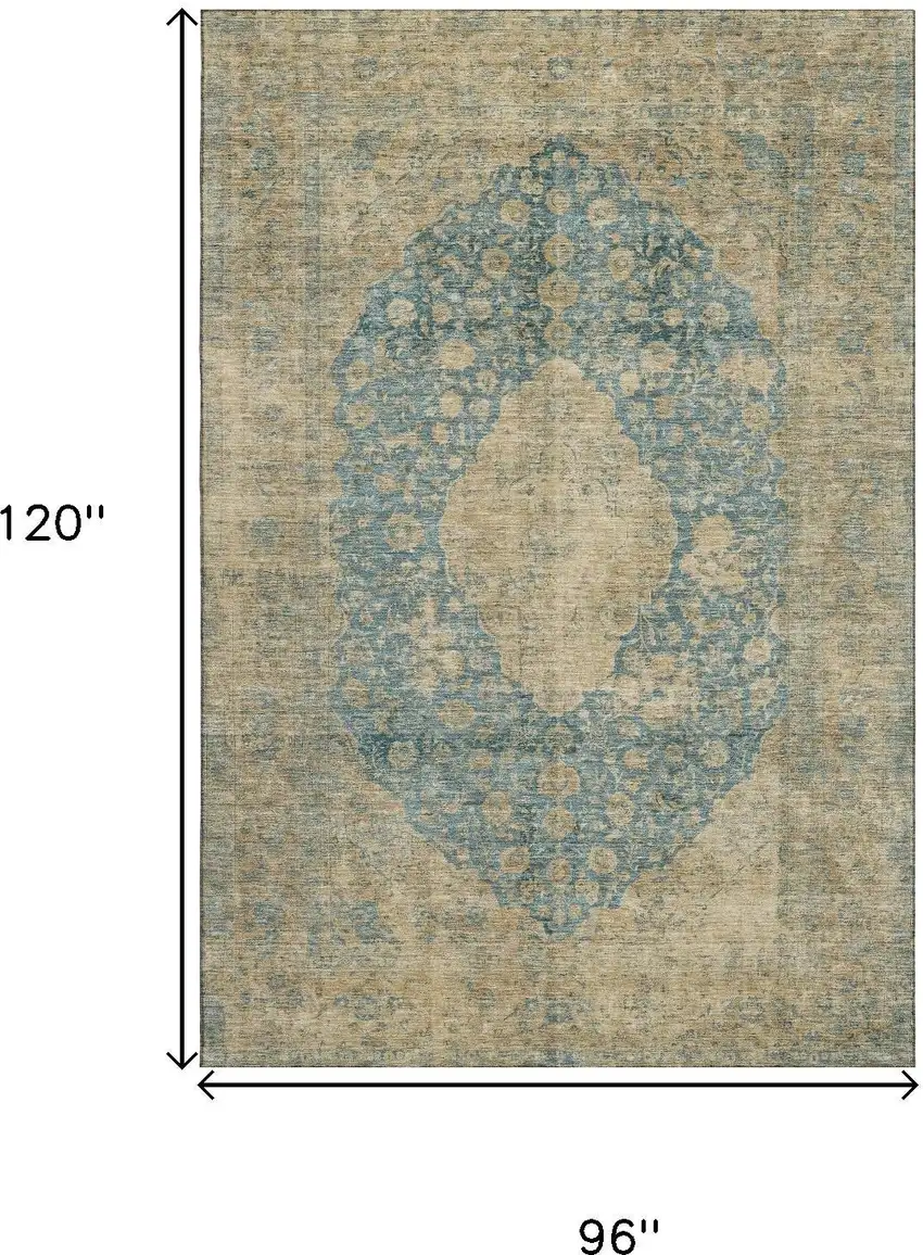 Blue Beige And Taupe Medallion Washable Area Rug With UV Protection Photo 8
