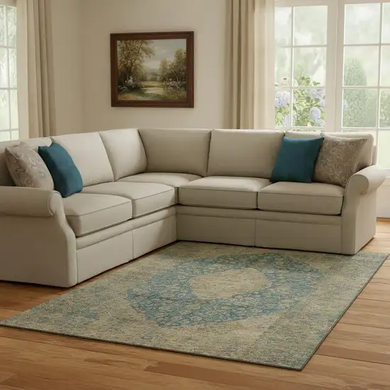 Blue Beige And Taupe Medallion Washable Area Rug With UV Protection Photo 2