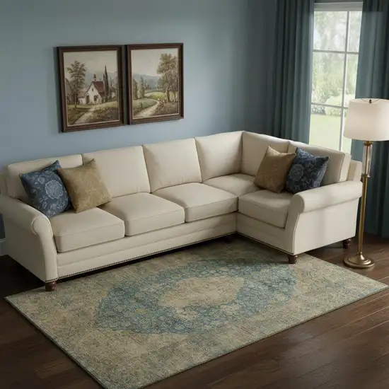 Blue Beige And Taupe Medallion Washable Area Rug With UV Protection Photo 2