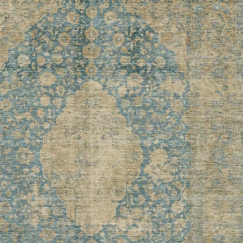 Blue Beige And Taupe Medallion Washable Area Rug With UV Protection Photo 2