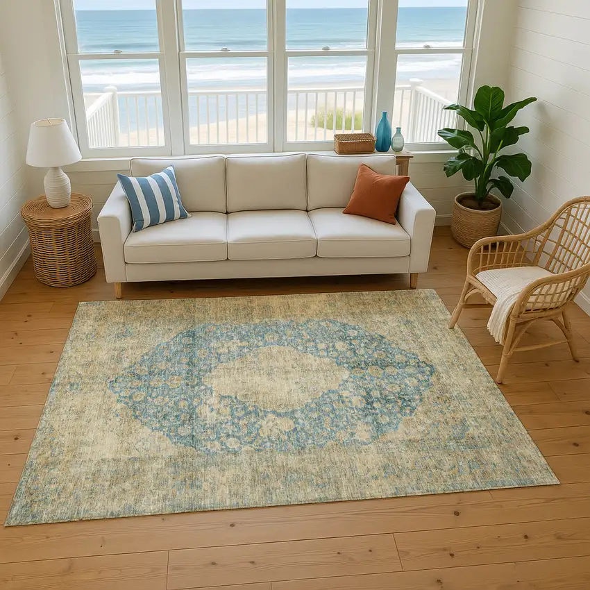 Blue Beige And Taupe Medallion Washable Area Rug With UV Protection Photo 5