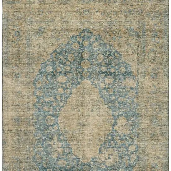 Blue Beige And Taupe Medallion Washable Area Rug With UV Protection Photo 3