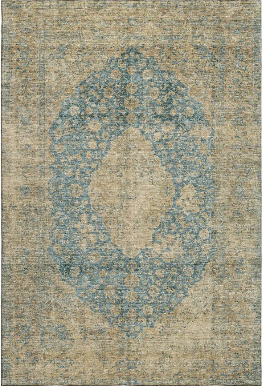 Blue Beige And Taupe Medallion Washable Area Rug With UV Protection Photo 1