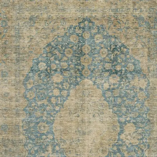 Blue Beige And Taupe Medallion Washable Area Rug With UV Protection Photo 2