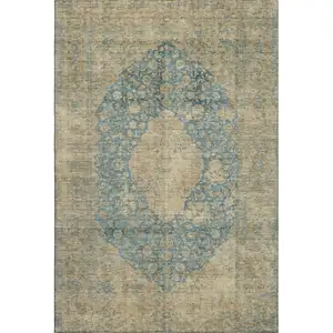 Photo of Blue Beige And Taupe Medallion Washable Area Rug With UV Protection