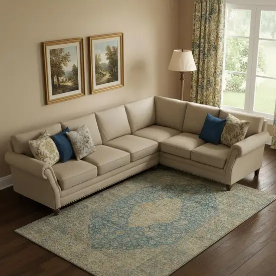 Blue Beige And Taupe Medallion Washable Area Rug With UV Protection Photo 2