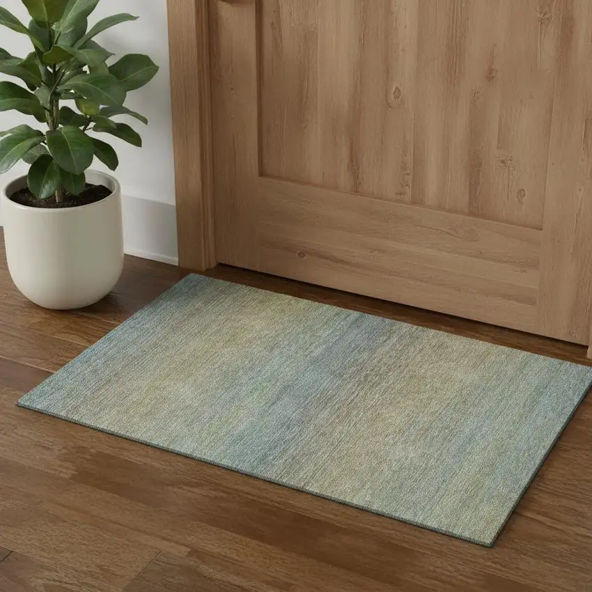 Blue Beige And Taupe Striped Washable Area Rug With UV Protection Photo 1