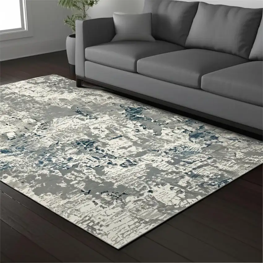 Blue and Beige Abstract Power Loom Area Rug Photo 1