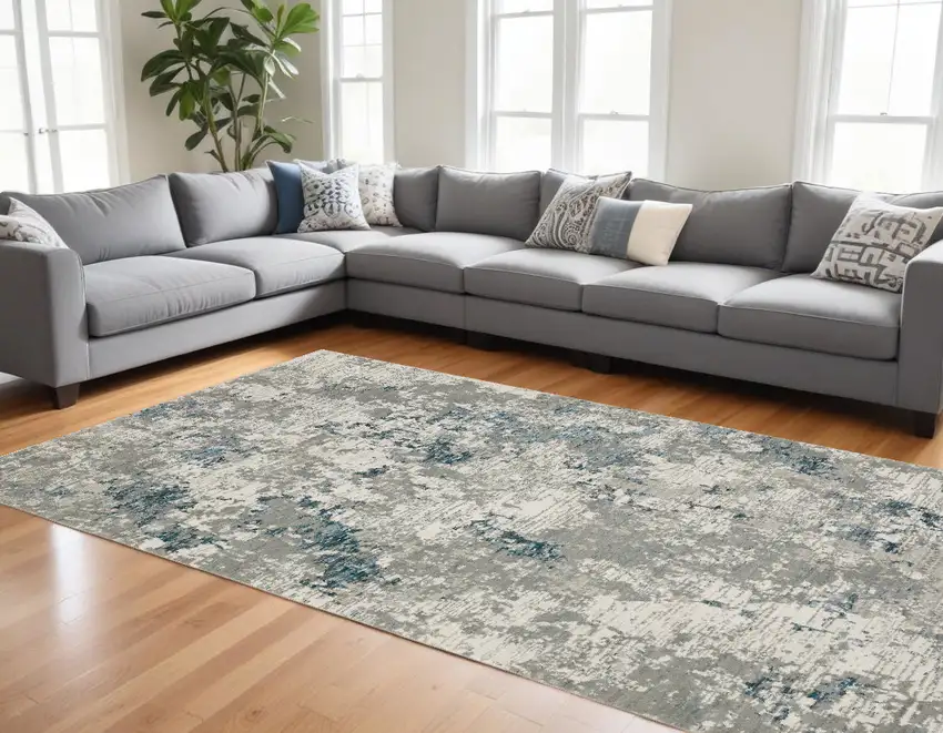 Blue and Beige Abstract Power Loom Area Rug Photo 1