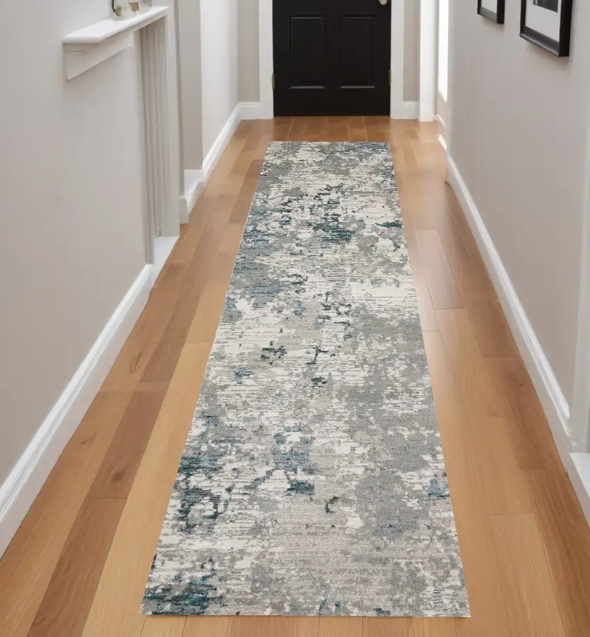 8' Runner Blue and Beige Abstract Power Loom Runner Rug Photo 1