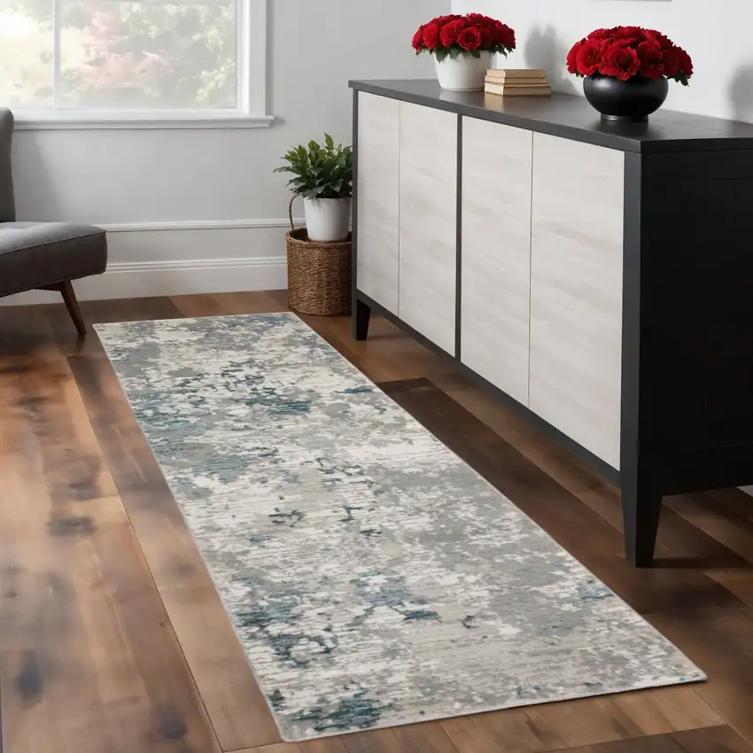 8' Blue And Beige Abstract Runner Rug Photo 1