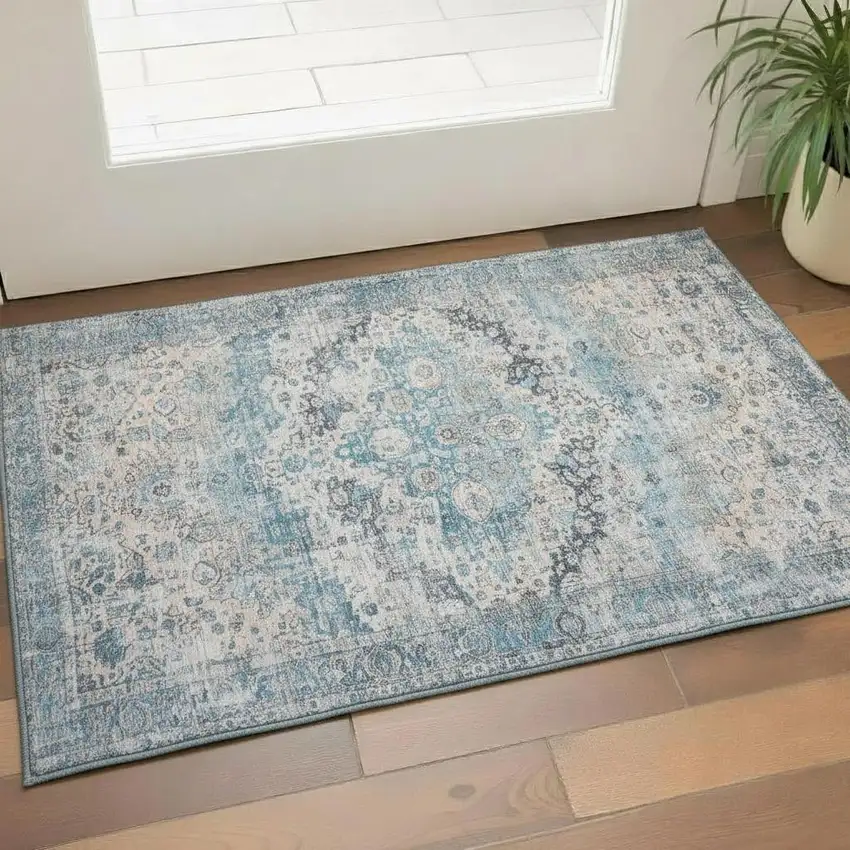 Blue Beige And Teal Oriental Washable Area Rug With UV Protection Photo 2