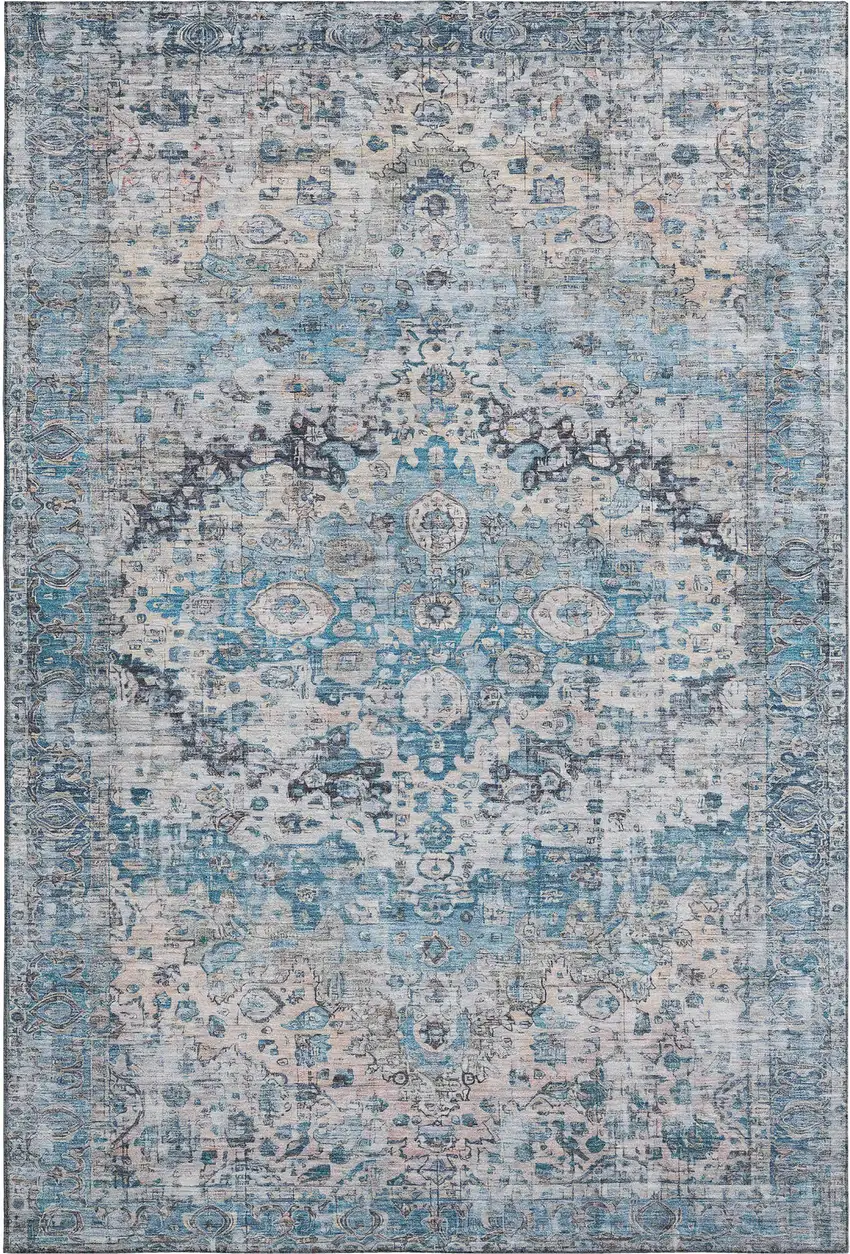 Blue Beige And Teal Oriental Washable Area Rug With UV Protection Photo 1