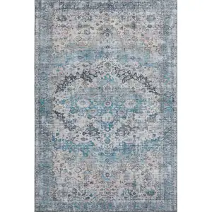 Photo of Blue Beige And Teal Oriental Washable Area Rug With UV Protection