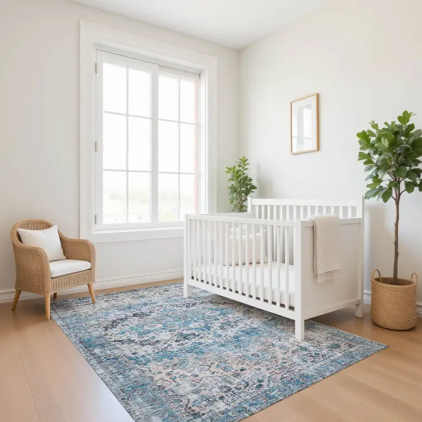 Blue Beige And Teal Oriental Washable Area Rug With UV Protection Photo 5