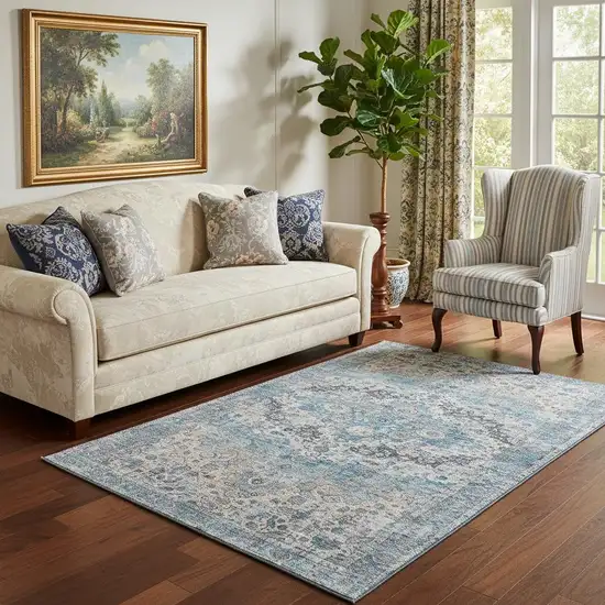 Blue Beige And Teal Oriental Washable Area Rug With UV Protection Photo 2
