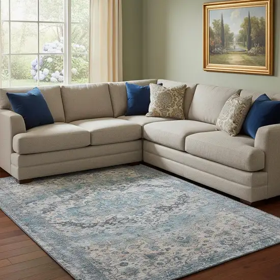 Blue Beige And Teal Oriental Washable Area Rug With UV Protection Photo 2