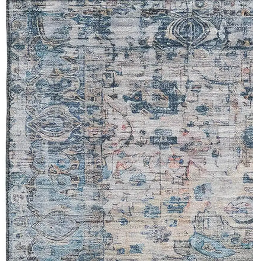 Blue Beige And Teal Oriental Washable Area Rug With UV Protection Photo 3