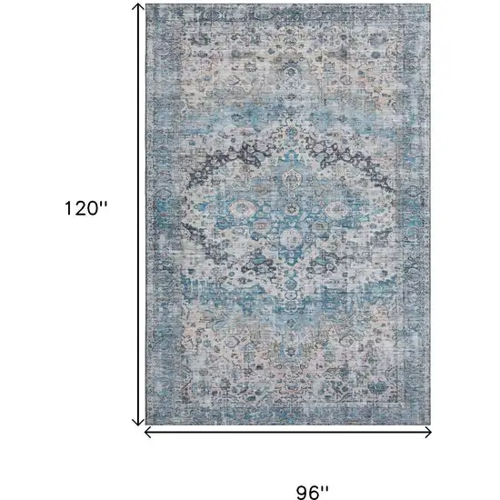 Blue Beige And Teal Oriental Washable Area Rug With UV Protection Photo 9