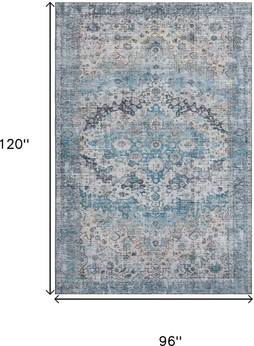 Blue Beige And Teal Oriental Washable Area Rug With UV Protection Photo 9