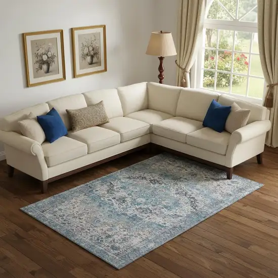 Blue Beige And Teal Oriental Washable Area Rug With UV Protection Photo 2