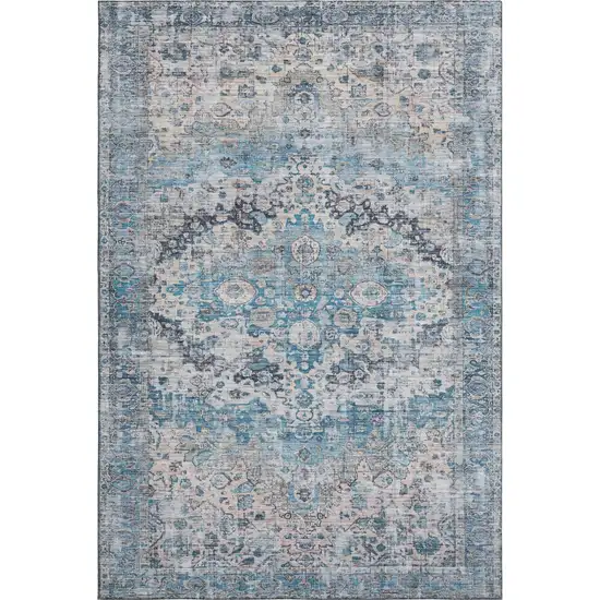 Blue Beige And Teal Oriental Washable Area Rug With UV Protection Photo 1