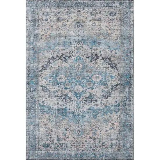 Blue Beige And Teal Oriental Washable Area Rug With UV Protection Photo 3