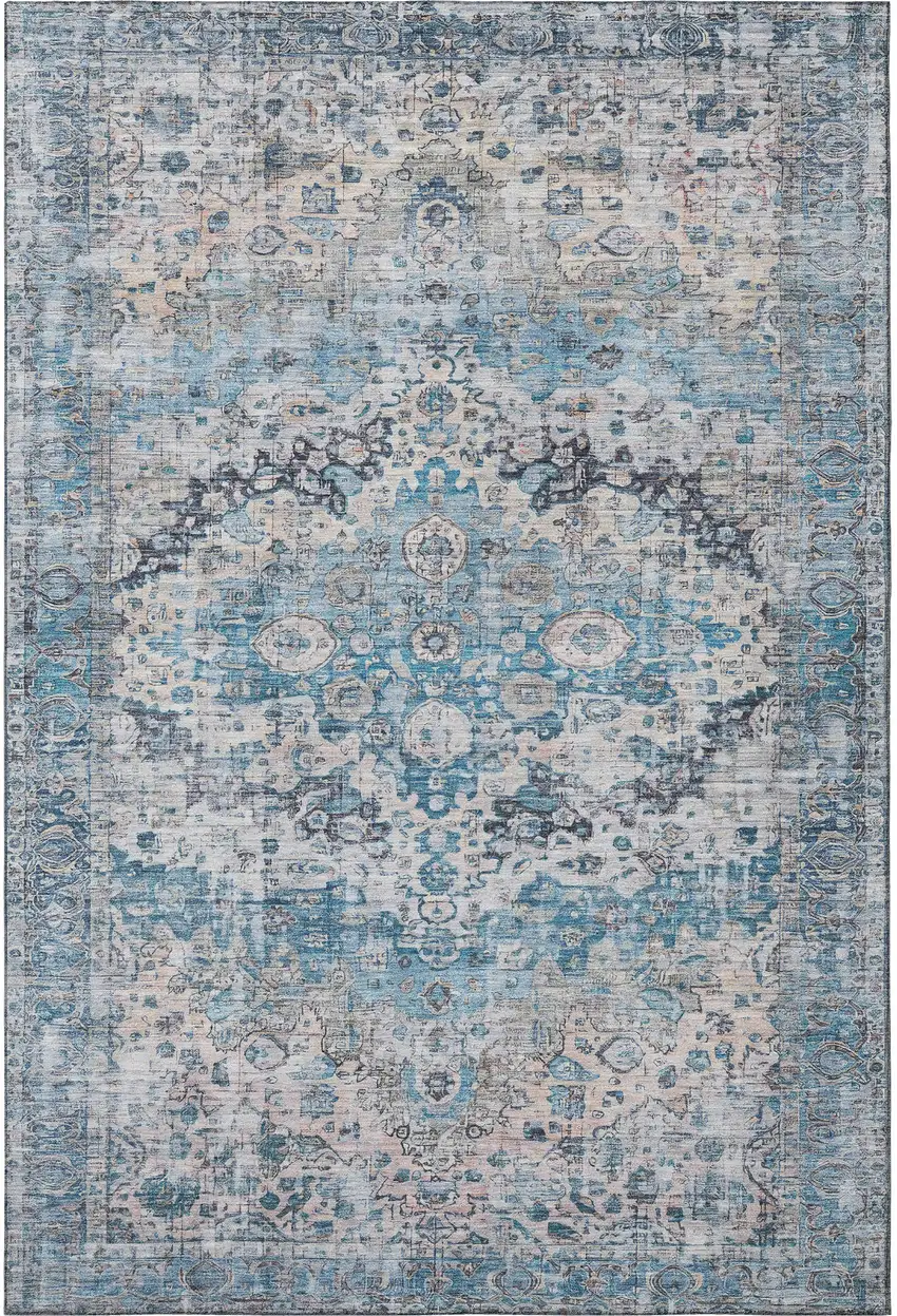 Blue Beige And Teal Oriental Washable Area Rug With UV Protection Photo 3