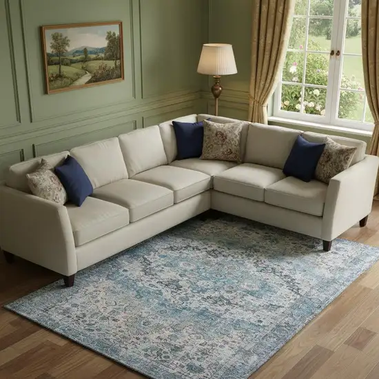 Blue Beige And Teal Oriental Washable Area Rug With UV Protection Photo 2