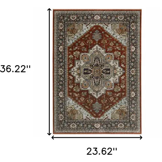 Blue Beige Grey Gold Green And Rust Red Oriental Power Loom Stain Resistant Area Rug With Fringe Photo 3