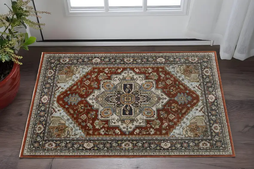Blue Beige Grey Gold Green And Rust Red Oriental Power Loom Stain Resistant Area Rug With Fringe Photo 1