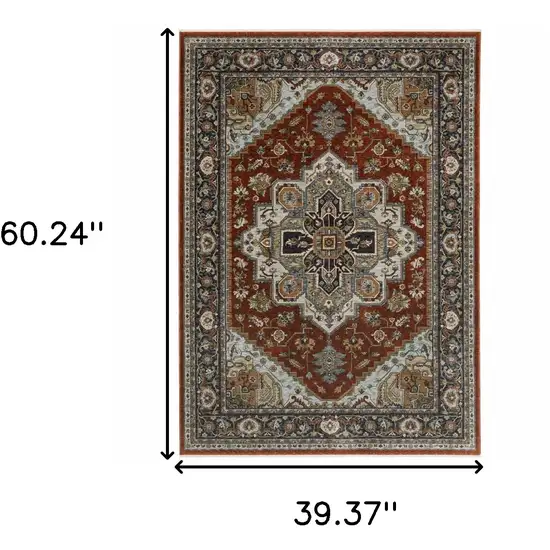 Blue Beige Grey Gold Green And Rust Red Oriental Power Loom Stain Resistant Area Rug With Fringe Photo 3