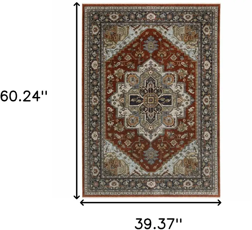Blue Beige Grey Gold Green And Rust Red Oriental Power Loom Stain Resistant Area Rug With Fringe Photo 3