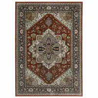Photo of Blue Beige Grey Gold Green And Rust Red Oriental Power Loom Stain Resistant Area Rug With Fringe