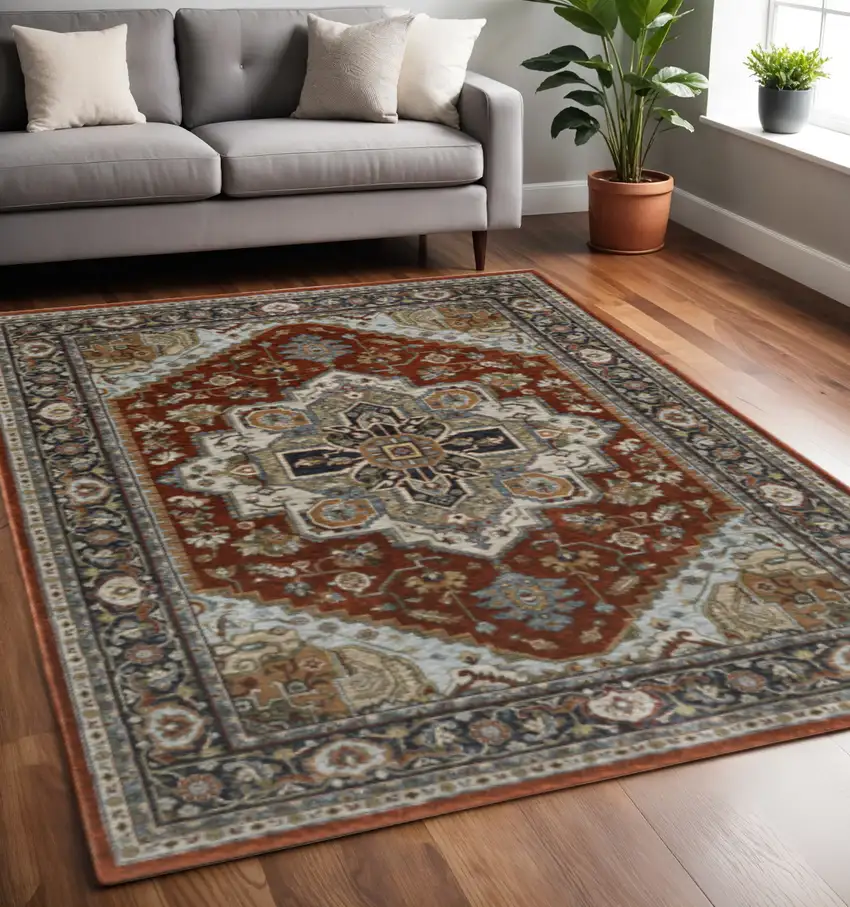 Blue Beige Grey Gold Green And Rust Red Oriental Power Loom Stain Resistant Area Rug With Fringe Photo 1