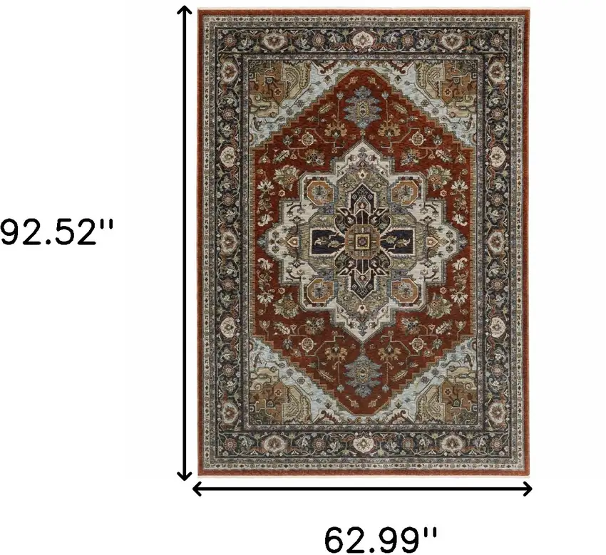 Blue Beige Grey Gold Green And Rust Red Oriental Power Loom Stain Resistant Area Rug With Fringe Photo 3