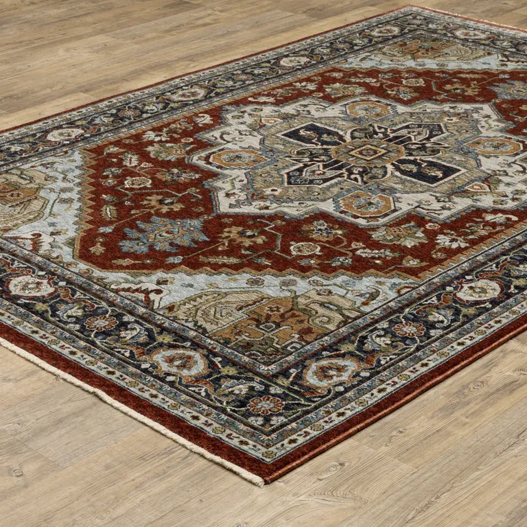Blue Beige Grey Gold Green And Rust Red Oriental Power Loom Stain Resistant Area Rug With Fringe Photo 5
