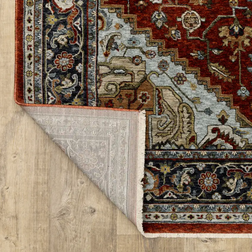 Blue Beige Grey Gold Green And Rust Red Oriental Power Loom Stain Resistant Area Rug With Fringe Photo 8