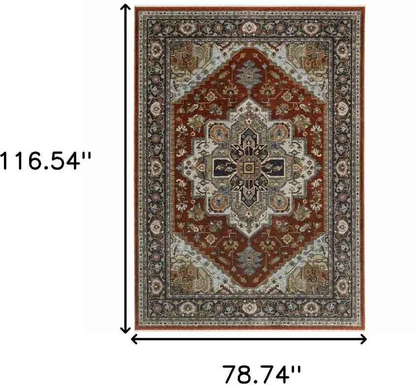 Blue and Beige Oriental Power Loom Area Rug With Fringe Photo 3